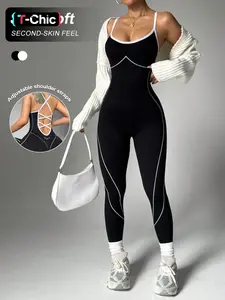 Women's Colorblock Seamless High Stretch Jumpsuit, Sleeveless Criss Cross Back, Comfortable for Yoga Gym Outdoor Wear, Sporty Workout Jumpsuit