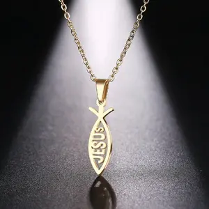 Stainless Steel Jesus Fish Necklace Christian Ichthys Pendant for Men & Women Faith Jewelry Gift Gold Plated