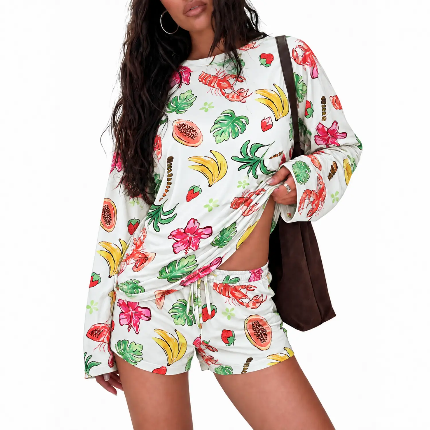 Women's 2-Piece Loungewear Set, Tropical Fruit & Leaves Print, Relaxed Fit Crew Neck Long Sleeve Top & Elastic Waist Shorts