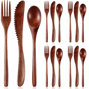A Set of 12/10 Pcs Wooden Utensils for Eating,Wooden Spoon Fork Knife Cutlery,Kitchen Wood Dinner Flatware Tableware Set Includes Spoon,Fork,Knife,Ideal Gift for Home,School,Office,Hand Tools Kits