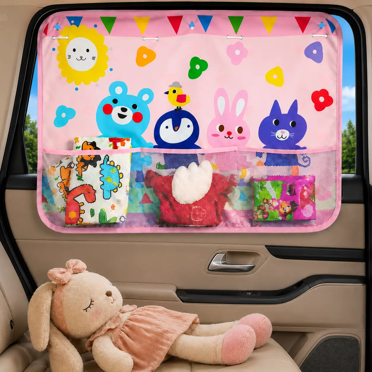 Car Window Shade for Baby, Blackout Side Window Curtain with Storage Pockets & 7 Suction Cups, Pink Cartoon Animals