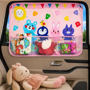 Car Window Shade for Baby, Blackout Side Window Curtain with Storage Pockets & 7 Suction Cups, Pink Cartoon Animals