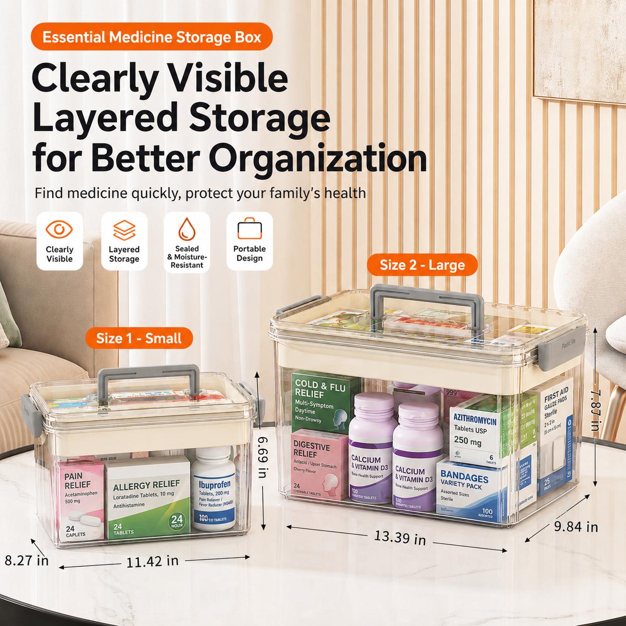 UFORU Modern Large Capacity Rectangle Medicine Organizer Box, Eco-Friendly Home Storage Bin, Double Layer Transparent PET Case with Handle, Snap-Seal Dryness Dust & Insect Block Moisture-Proof First Aid Kit - Suitable for Home/Travel