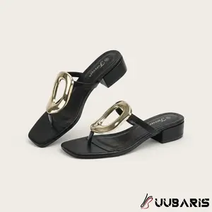 UUBARIS Women's Gold Buckle Thong Sandals - Square Toe Block Heels Casual Slides for Office & Daily Wear