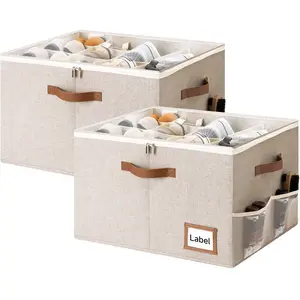 SevenSpace Shoe Organizer for Closet,Fabric Shoe Storage Boxes with Clear Cover, Adjustable Dividers for Shoe Storage, Foldable Space-saving Storage Container Bins, Fits 8-16Pairs, Beige