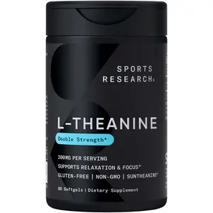 Sports Research Double Strength L-Theanine Supplement - Suntheanine Softgels - Made with Coconut Oil, Non-GMO & Gluten Free - 200mg, 60 Count