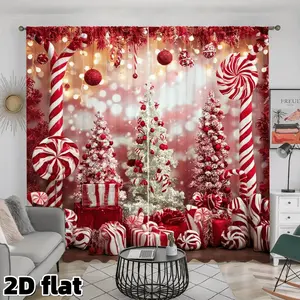 2D Flat 2Pcs Christmas Candy Cane Curtains, Red White Festive Pattern, Rod Pocket Design, Snowflake Light Effect, Polyester Material, Living Room Bedroom Window Treatment, Holiday Home Decor, Anti Privacy, Home Decoration Curtain