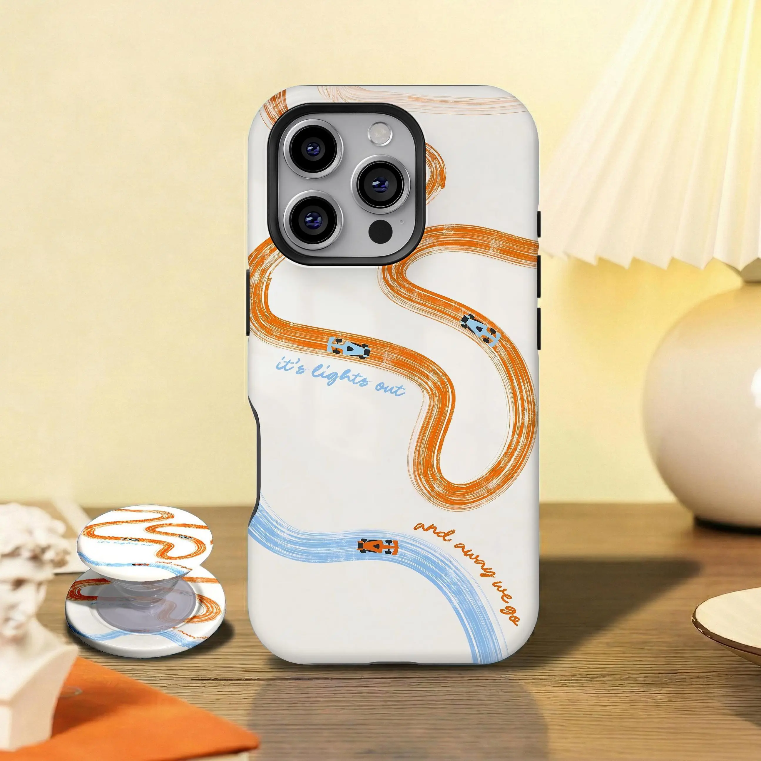 Mc. Lauren Racing Car Case, Orange Blue Racing Design, iPhone 17 16 15 14 13 12 11 Pro Max, Galaxy S26 S25 S24 S23 Ultra, High performance Car Phone Case, Durable, Protective, Polycarbonate, Raised Bezels
