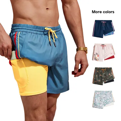 Maamgic Adults' 5.5-inch RetroWave Striped 2-in-1 Elastane High Stretch Athleisure Swim Trunks - Anti-Chafe Compression Liner, Zipper Secure Hold Pockets, Velcro Pockets, Quick-Dry, Athletic Fit Beachwear, Mensfashion Shorts, Athleisure Shorts