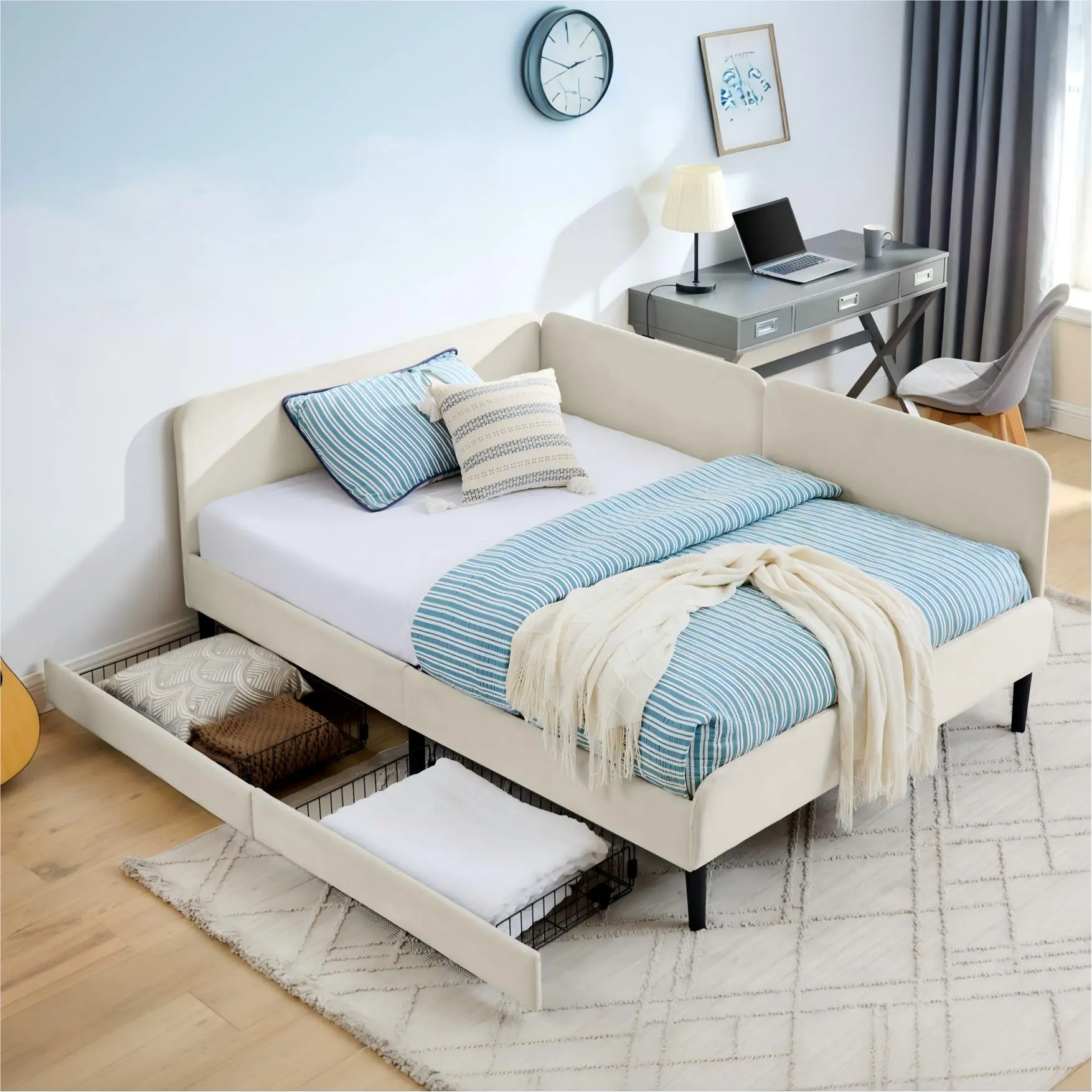 Eyisean Minimalist L-Shape Velvet Upholstery Corner Bed Frame - Full/Twin Size, 2-In-1 Sofa Bed, 2 Storage Drawers, Removable Headboard, Reinforced Sturdy Frame, 300 lbs Capacity, Assembly Required, Space-Saving Corner Daybed for Small Living Rooms, Furni