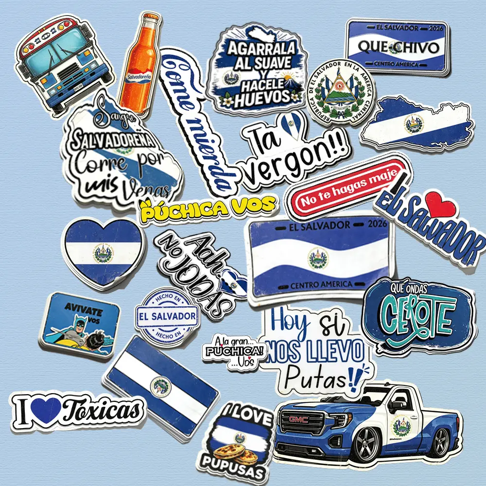 25-Pack El Salvador Stickers, Funny Spanish Phrase Vinyl Decals, Waterproof UV Resistant Salvadoran Stickers for Cars, Laptops, Tumblers, Helmets & Water Bottles