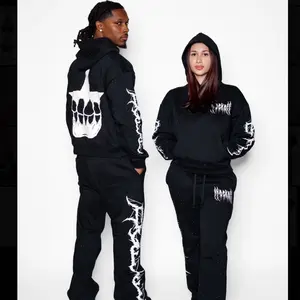 Knockoff Tracksuit - Black Hoodie/Sweatpants with Unique White Graphic Design and Rhinestones for Tracksuit Wearers