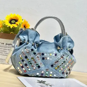 Ladies' fashionable diamond studded dumpling bag with ancient pleated design, adjustable crossbody shoulder strap, light blue/blue zipper closure small wallet, suitable for both casual and formal occasions