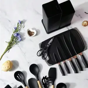 19-Piece Kitchen Knife Set with Heat-Resistant Silicone Cutlery & Wooden Handles - Includes Chef Knife, Non-Stick Compatible Tools, pots pans set Valentine's Day and More Cookware non stick pots and pans Kitchenware Nonstick Ladle Stylish White Pink Black