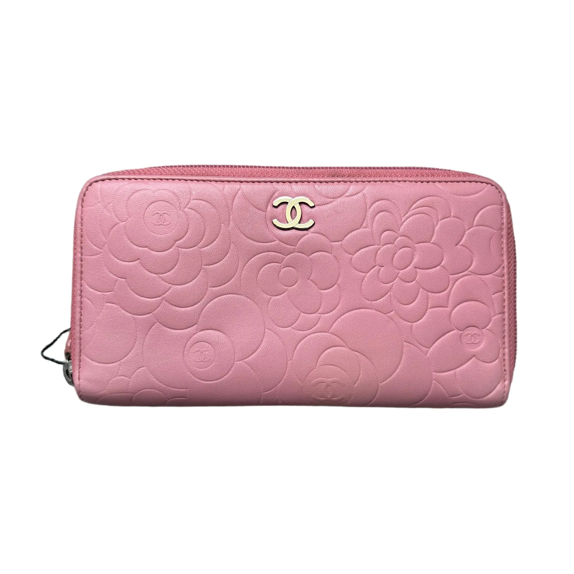 Pre-owned CHANEL Silver Clasp Around Zip Zippy Long Leather Pink Camellia Embossed Wallet 45890597