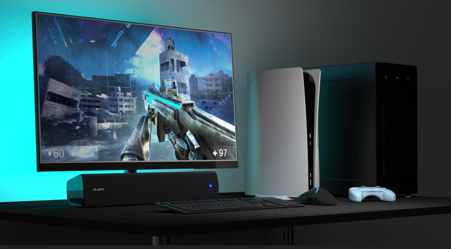 Creative Stage Air V2 Compact Under-Monitor USB Soundbar for PC, with Bluetooth 5.3, Dual-Driver and Passive Radiator, up to 6 Hours of Playtime, Compatible with PS5 and Nintendo Switch Audio Portable  Speakers Wireless