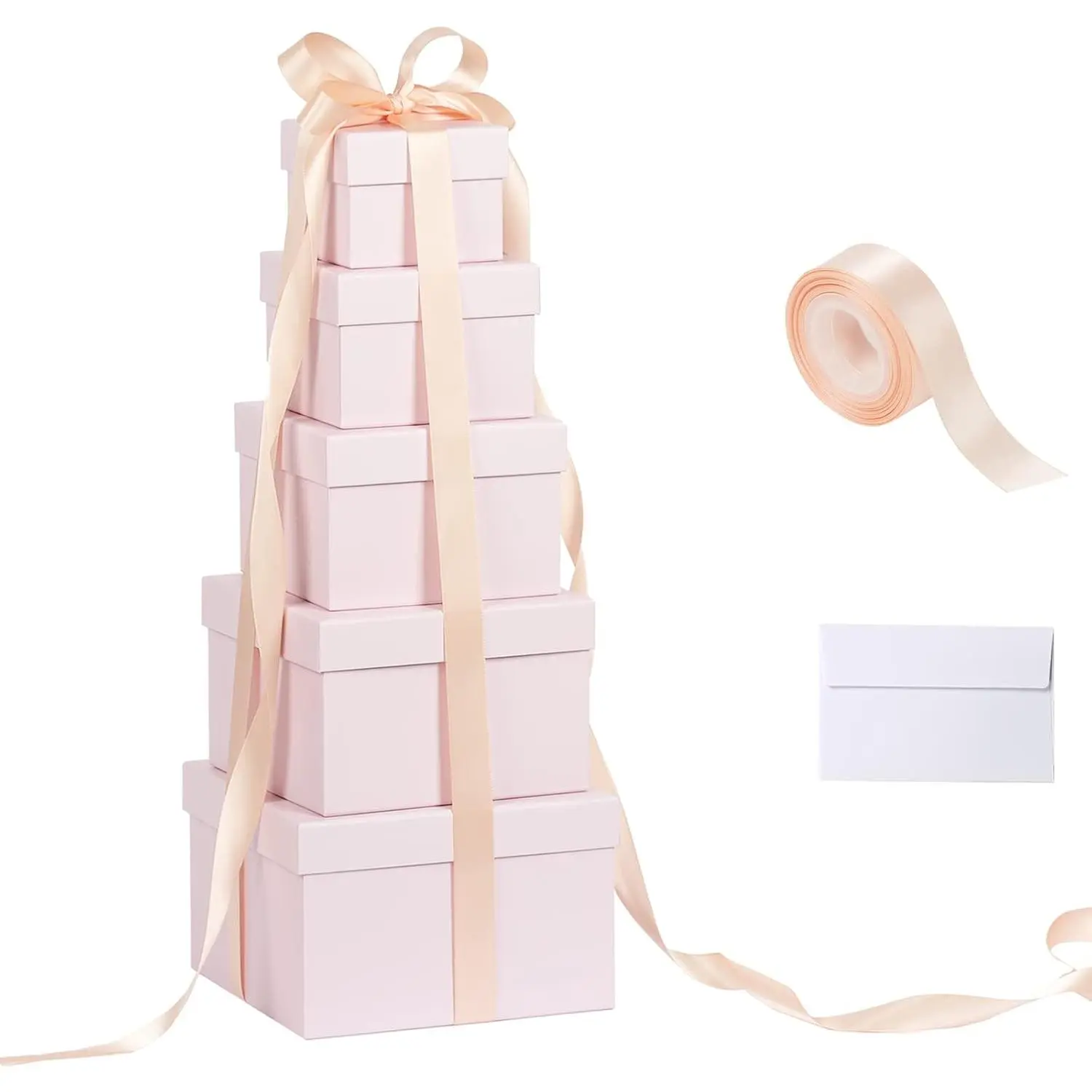 5 Pack Large Square Nesting  Boxes with Lids for Presents, 4"-8"  Stacking  Box with Ribbon Card for Wedding Birthday Party Valentine Christmas