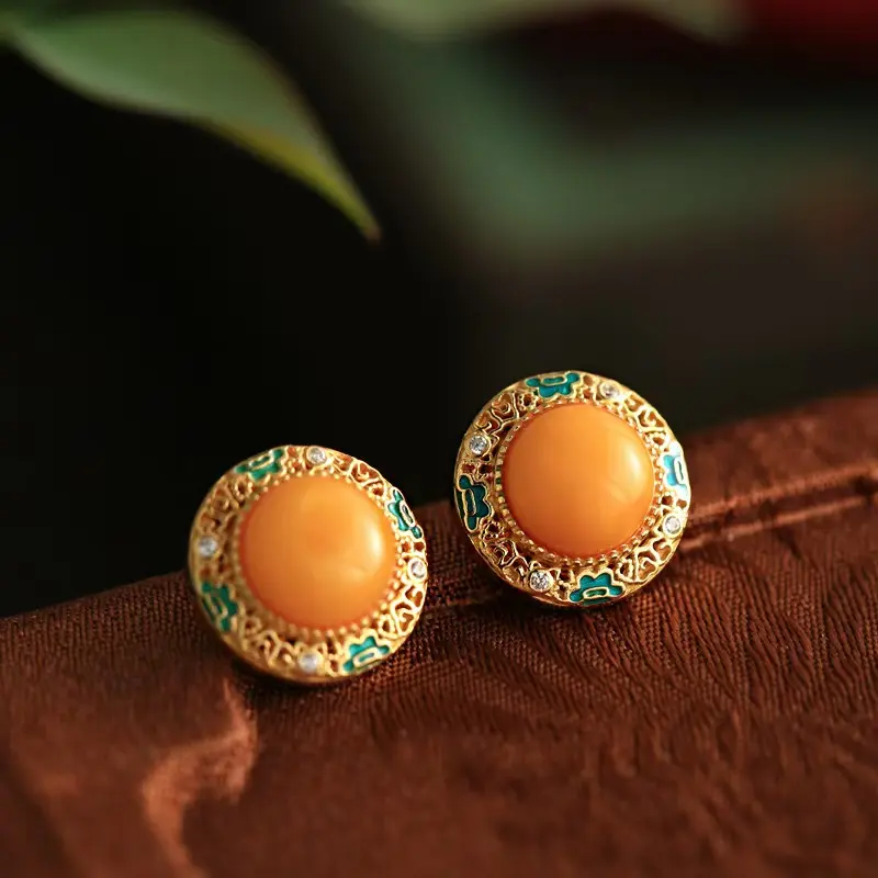 Flash & Finesse  Vintage Enamel Natural Amber Beeswax Stud Earrings 18K Gold Plated 925 Silver Oriental Cloud Pattern Luxury Jewelry for Women Valentine's Day Gift for Girlfriend Best Friend accessories for women girly accessories accessories for women
