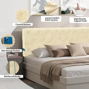 Upholstered Tufted Bed Headboard with Storage Pockets, Soft Foam Padded Headboard Pillow for Beds, Button-Tufted Design, Comfortable Support for Reading & Lounging