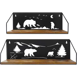 Giftgarden Floating Shelves for Wall with Unique Adorable Bears Cutouts, Rustic Wooden Iron Wall Shelf Bear Decor for Bathroom Cabin Lodge Bedroom Kitchen Living Room Nursery, Black, Set of 2