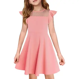 Haloumoning Girls Dress Summer Ruffle Sleeve Mesh A Line Casual Party Dresses with Pockets for Kids 4-14 Years