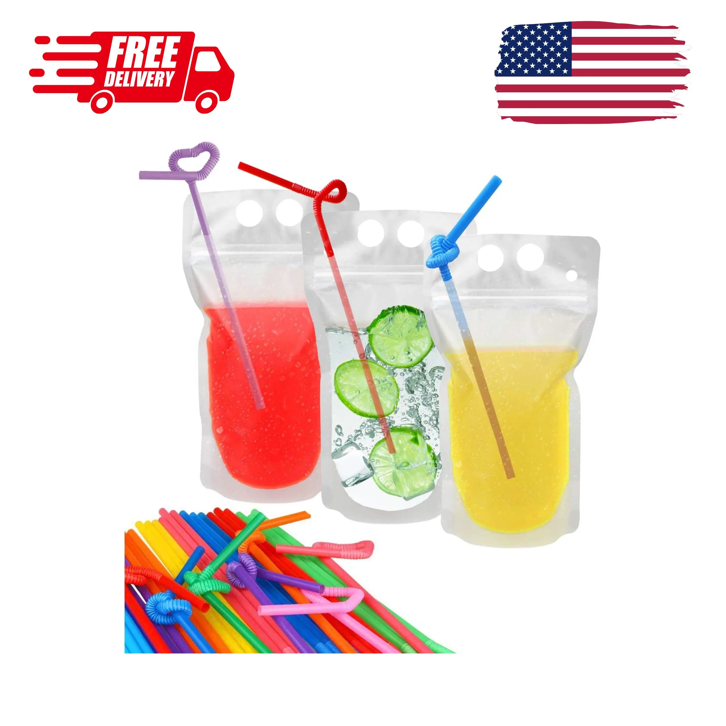 100 Pcs Drink Pouches with 100 Straw Holes, Freezable Juice Pouches
