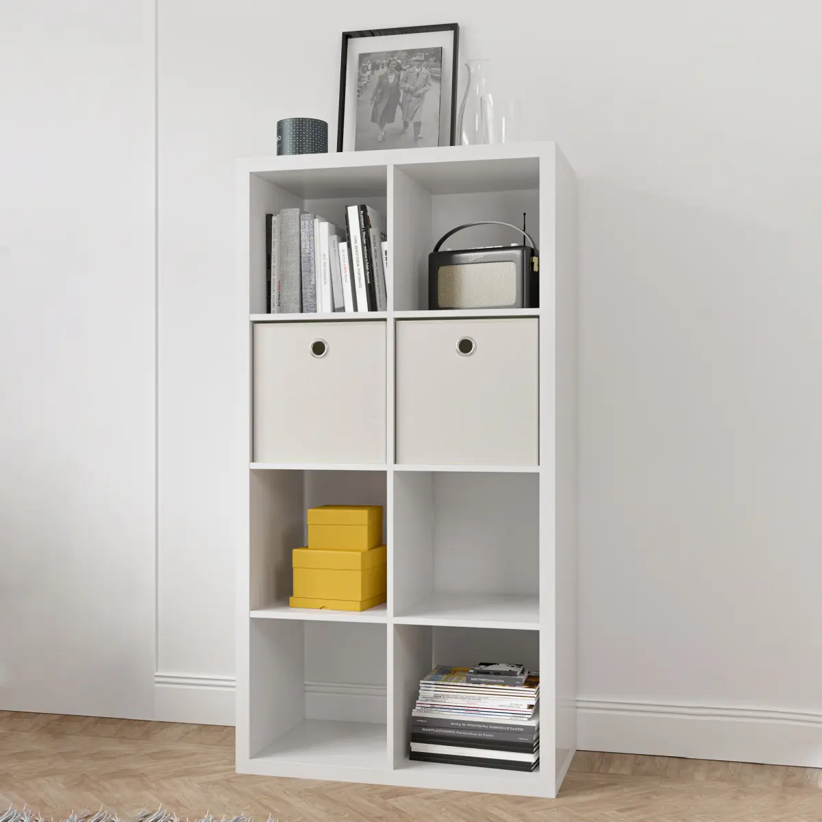 29.92"W*15.35"D*57.52"H White 8‑Cube Open‑Back Storage Bookshelf, Vertical & Horizontal Display MDF Particleboard Organizer for Bedroom Living Room Office Study