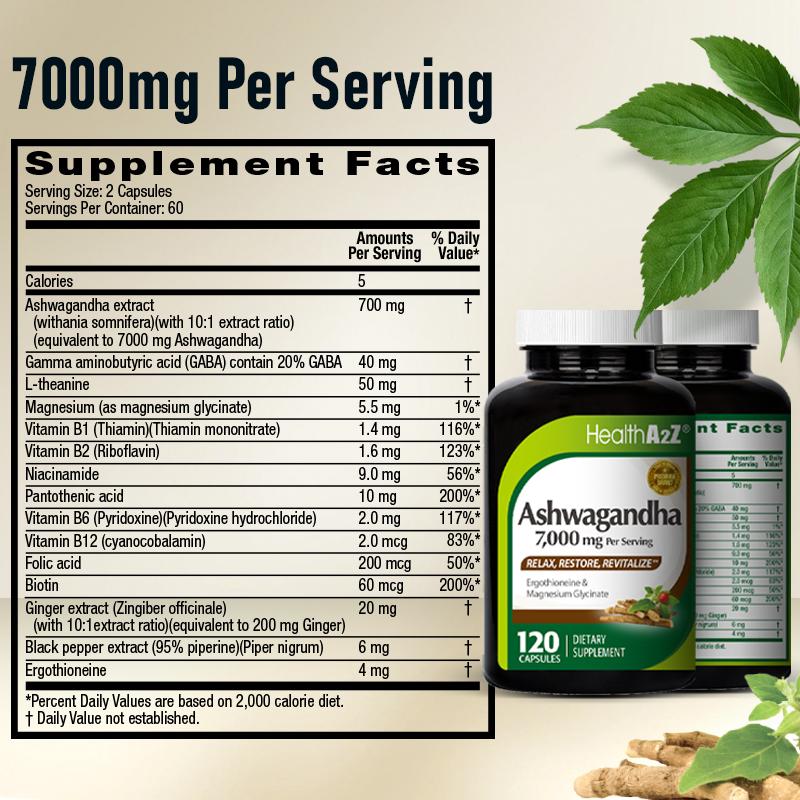 HealthA2Z Ashwagandha 7,000mg - 120 Capsules (Pack of 1) - Ashwagandha, Ergothioneine, GABA, L-theanine, Magnesium Glycinate - Supports Stress Relief, Mood & Sleep, Mental Clarity, Metabolism, Energy