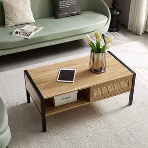 40.16" Rattan Coffee Table with Sliding Door for Storage Metal Legs Modern Table for Living Room Natural Finish MDF Body Sturdy Design