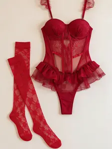 Sheer Lace Ruffle Trim Corset Outfit for Stage Performance Wear - Wine Red Lace Bodysuit with Adjustable Straps & Tulle Ruffle Skirt - Perfect for Music Festivals & Halloween Cosplay - Bodysuits, Womenswear