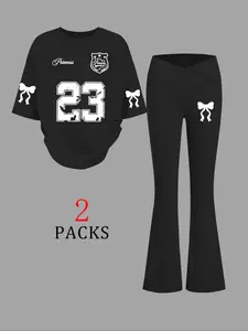 Women's Casual Round Neck T-Shirt Flared Pants Set, Comfortable Letter Print Bow Design, Youthful Campus Style, Fashion Outdoor Summer