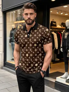 Men's Summer Luxury Floral Print Graphic Polo Shirt, Casual Short Sleeve Collared Golf Shirt, Breathable Lightweight Streetwear Business Top
