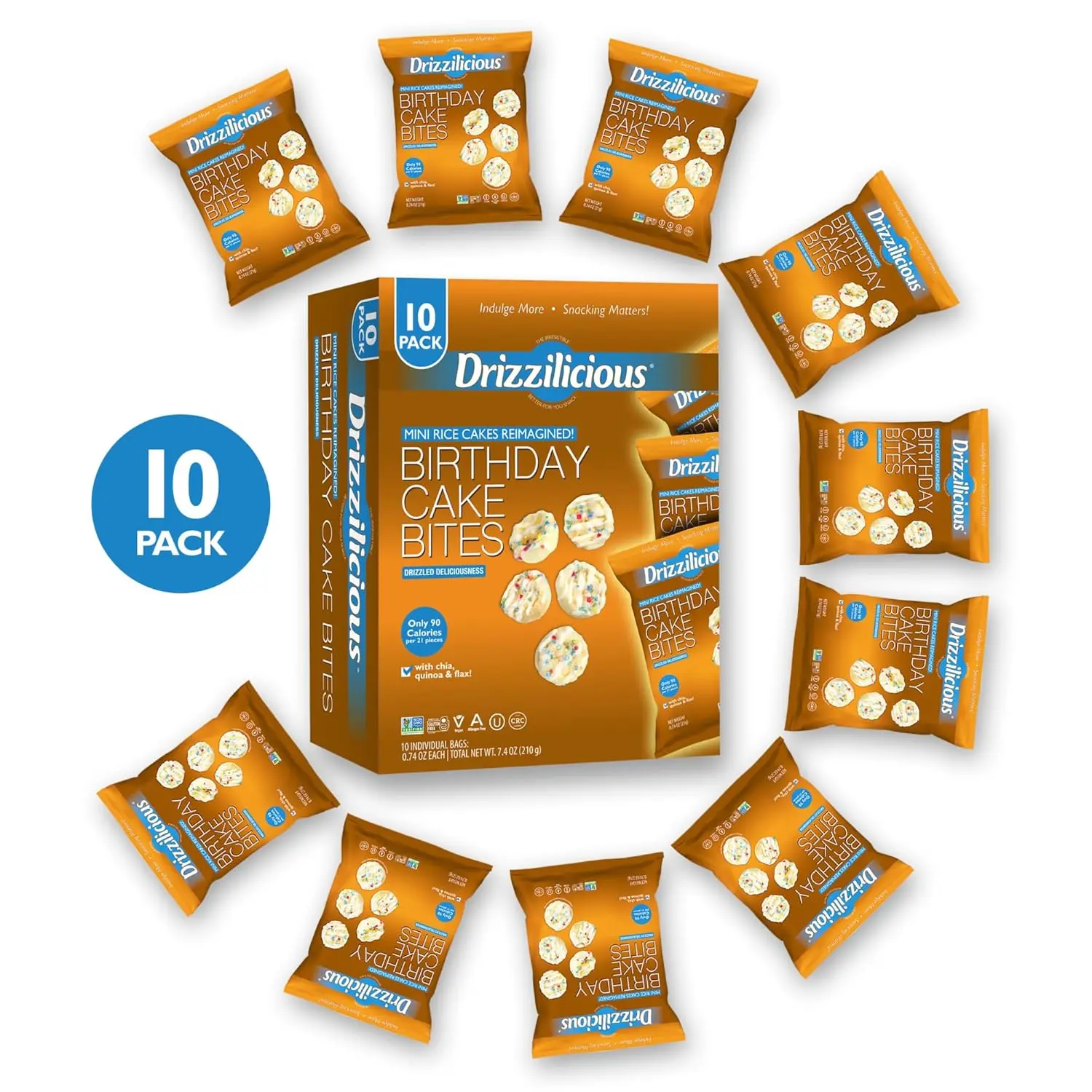 Drizzlilicious Mini Rice Cakes Birthday Cake - Vegan, Gluten Free, Allergen Free, 90 Calories, 10 Pack, Healthy Snack for Adults & Kids