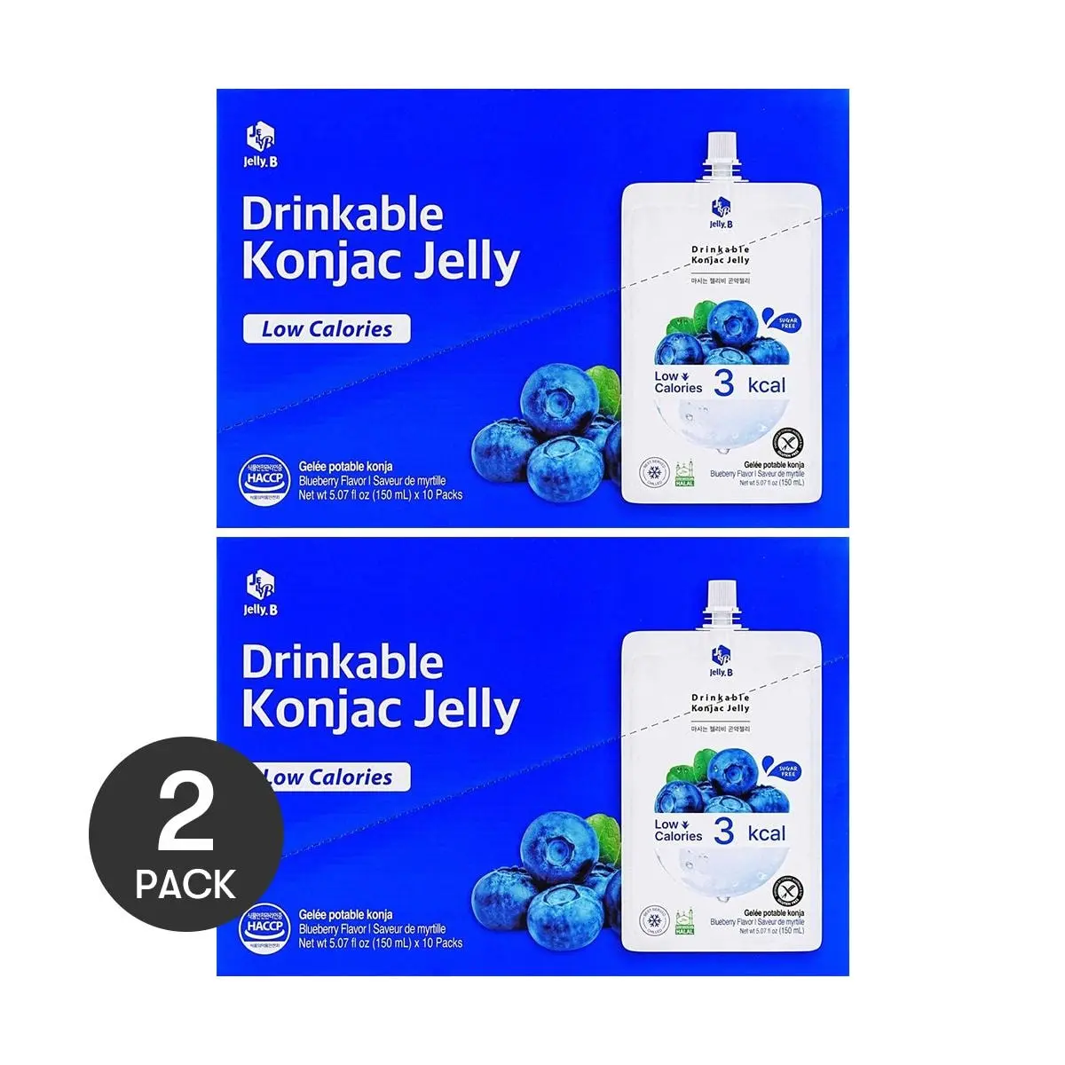 Jelly.B Korean Konjac Jelly Drink - Low Calorie, 0 Fat, Sugar-Free, 150ml x 10 Pouches, Blueberry Flavor, 3Kcal, Diet Snack, Keto Friendly, Healthy Treat