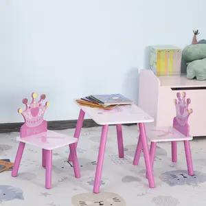 Girls' 3-Piece Wooden Table and Chair Set - Pink Crown-Patterned Indoor Children's Toddler Furniture (Ages 2-4) for Arts, Reading, Gift Option