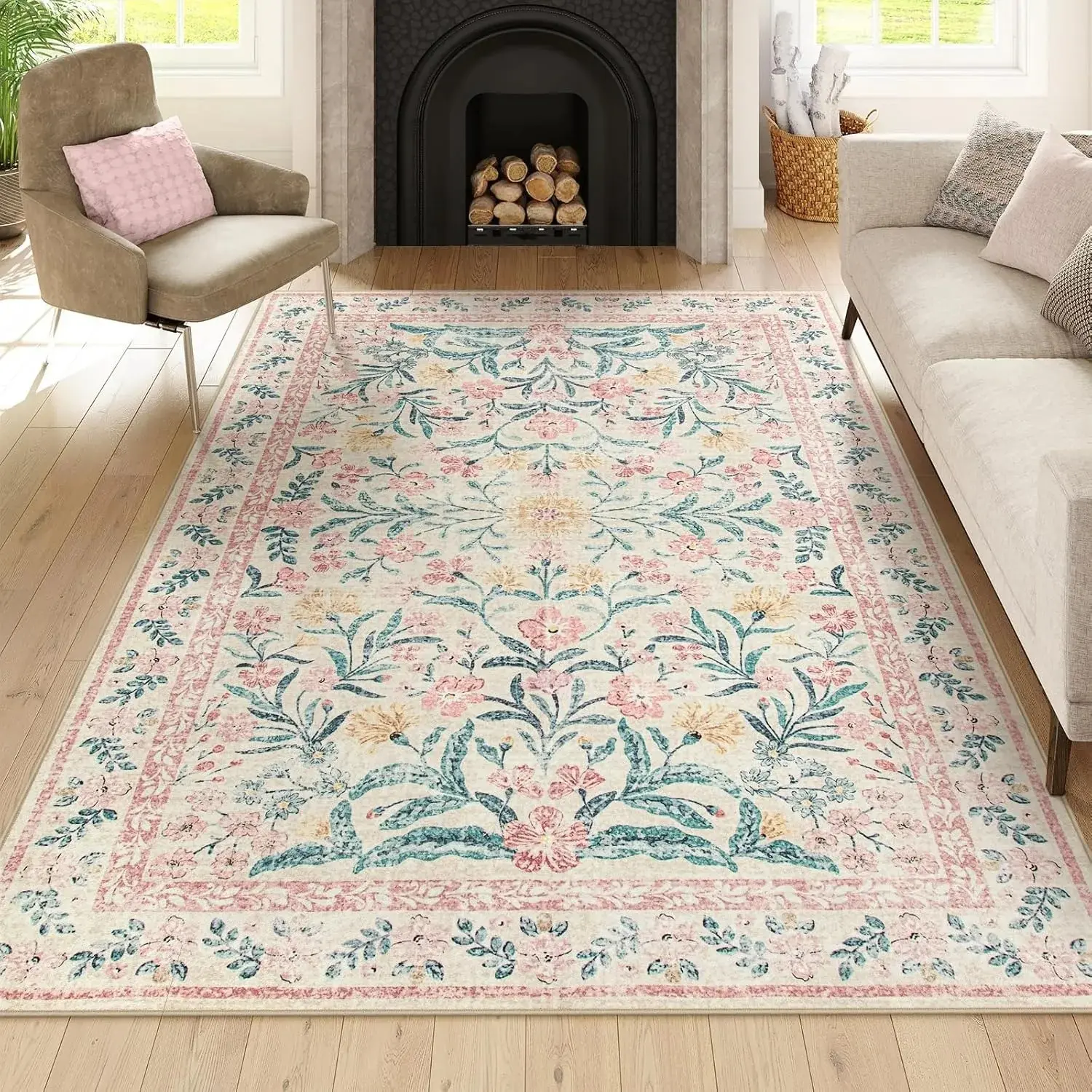 Vintage floral carpet, living room carpet, washable non-slip floor mat, pink floral pattern carpet decoration, for living room, doorway, cloakroom, study, lounge home decor, Floral Area Rug, Decorative Rug