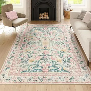 Vintage floral carpet, living room carpet, washable non-slip floor mat, pink floral pattern carpet decoration, for living room, doorway, cloakroom, study, lounge home decor, Floral Area Rug, Boho Floral Rug, Flower Pattern Rugs