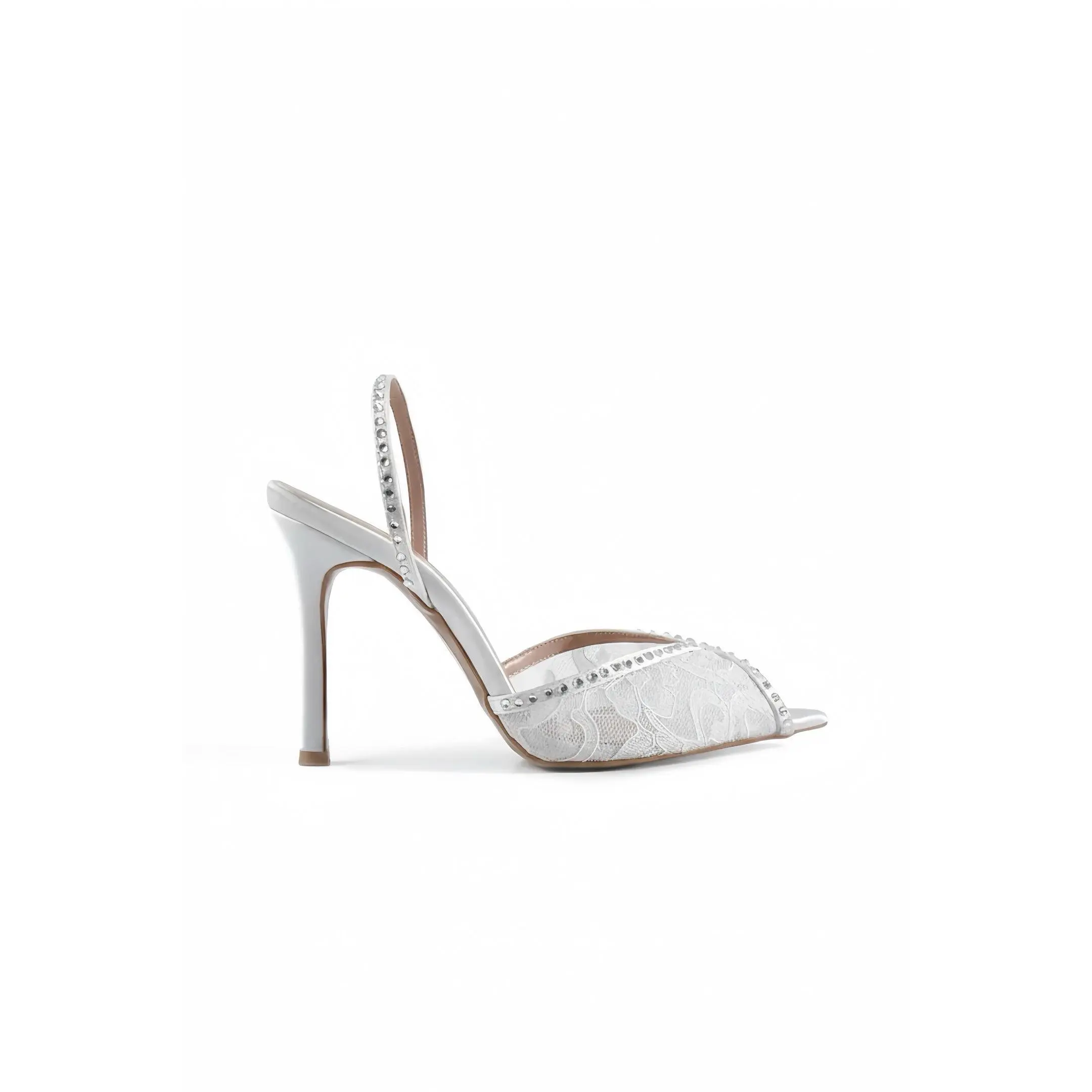Monica | Ivory Lace Open-Toe High Heels with Rhinestone