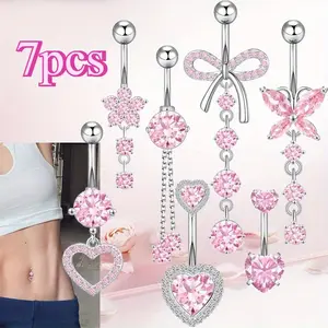 7Pcs Belly Button Ring Dangle Navel Belly Piercing Jewelry Cute Pink CZ Heart Butterfly Bow Flower Navel Belly Rings for Women Silver Stainless Steel Dainty Dangly Dangling Belly Button Piercing