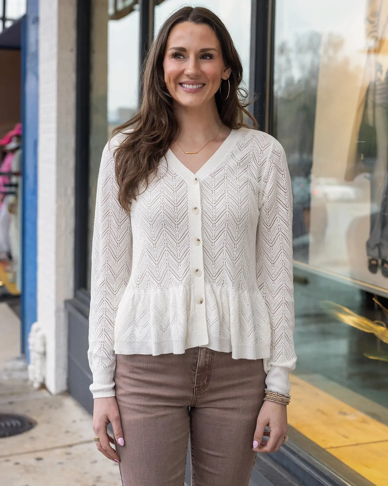 Pointelle Ivory Peplum Cardigan