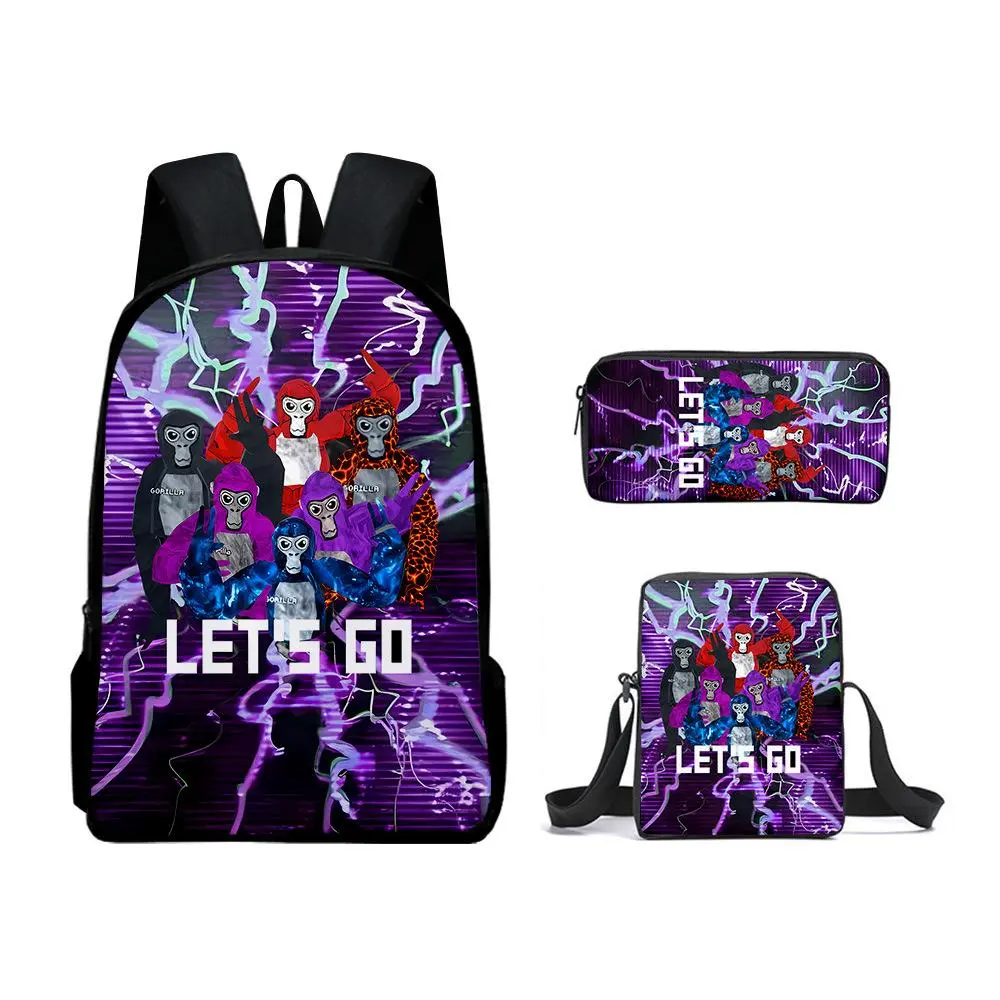 Purple Lightning Gorilla Tag 3PCS Backpack Set, Multi-Color School Backpack with Crossbody Bag & Pencil Case, Waterproof Daypack for Game Fans