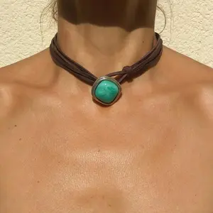 Bohemian Style Turquoise Alloy Leather Rope Pendant Artistic Retro Multi-Layer Cross-Border Sold Jewelry Necklace