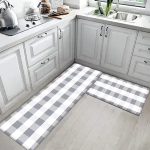 Anti Fatigue Cushioned Kitchen Mat Set - 2 PCS Non-Slip Checkered , 17"x27" + 17"x47" for Comfort Standing, Home Decor, Gray & White Kitchen Mat rug
