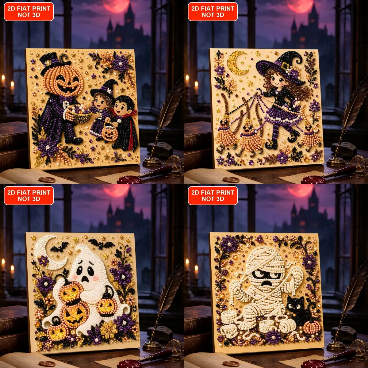 Halloween Pearl Diamond Art with Frame & Gift Box, 7.87x7.87in, Pumpkin Gentleman, Witch, Ghost, Mummy Black Cat Design, Pearl Rhinestones, Starter Kit, Wall Hanging Halloween Gift