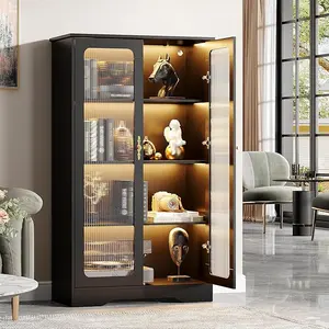 Vabches Glass Display Cabinet,4 Tier Tall Curio Storage Cabinet with Glass Doors,55.1H Bookcase with LED Lights,Display Shelf Case for Living Room,Bedroom,Dining Room,Esports Home,Reading Nook,Black
