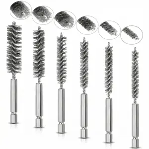 6 count Stainless Steel Wire Bore Brush Set, 1/4" Hex Shank Twisted Drill Brushes, 8/10/12/15/17/19mm for Rust Removal & Pipe Tube Cleaning