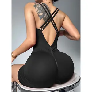 Women's Sexy High-Waisted V-Neck Sports Jumpsuit - Butt-Lifting Workout Outfit with Back Cross-Straps, Sleeveless Gym & Yoga Suit, Slim Fit Retro Athletic Wear, Machine Washable All-Season Full Coverage (No Belt Needed) - Solid Color High-Stretch Fabric