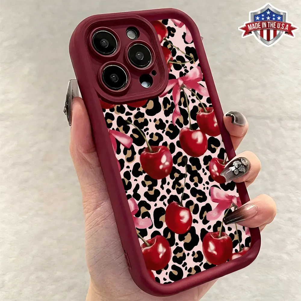 Trendy Cherry Bow Leopard Pattern Thermoplastic Polyurethane Phone Case for iPhone 17,16,15,14 Pro Max,13,12,11,XR,XS Plus,AIR - Slim,Shock-Resistant,Anti-Drop,Durable Phone Accessories Cover, Bows