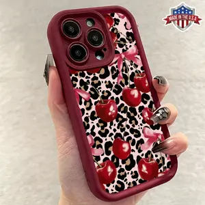 Trendy Cherry Bow Leopard Pattern Case for iPhone 17 16 15 14 Pro Max 13 12 11 XR XS Plus Air Slim Shockproof Anti Drop Protective Durable TPU Cover