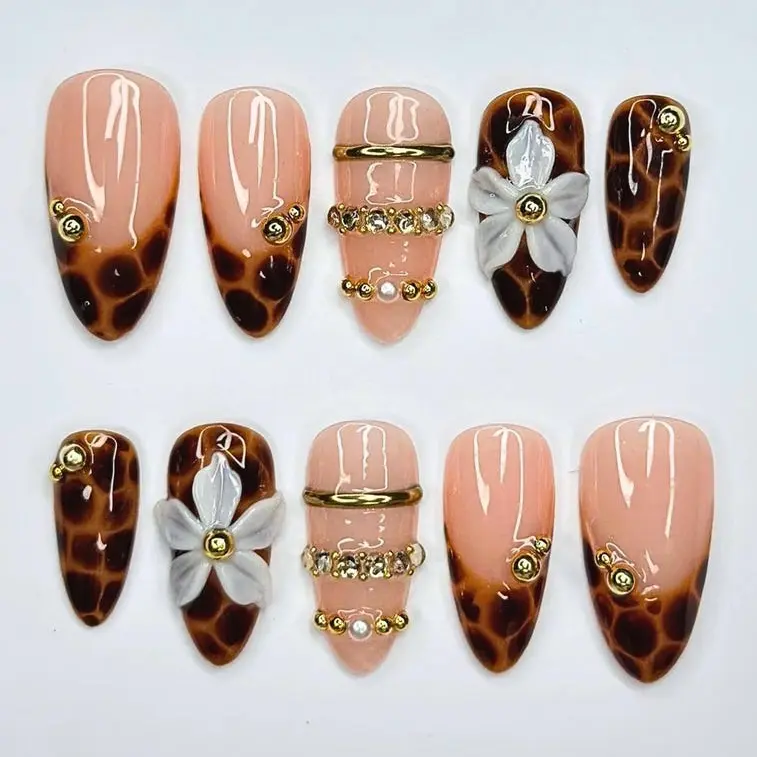 Leopard Print Press On Nails, Mocha Nude Luxury Nails, 3D Flower Gold Nails, Quiet Luxury Handmade Press On Set